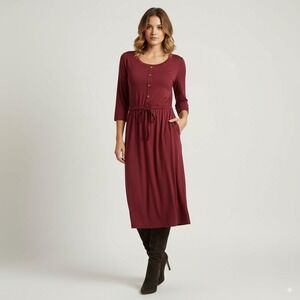 Reborn J Women's Knit Midi Dress Red 3/4 Sleeve Drawstring Waist Casual Size S